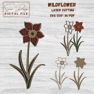 Fleur sauvage SVG - Fichier pour Découpe Laser, Fleurs en bois, plante SVG Dessin Vectoriel, Silhouette, Glowforge, Fichiers DXF