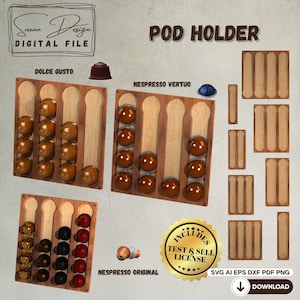 Uchwyt na kapsułki kawy SVG - Uchwyt na kapsułki Nespresso Original, Vertuo i Dolce Gusto - Wyświetlacz kapsułek - Plik do cięcia laserowego