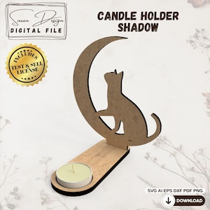 Porte Bougie Chat sur une lune Ombre - Fichier numérique pour découpe laser - DXF, SVG, Fichiers de découpe pour chats