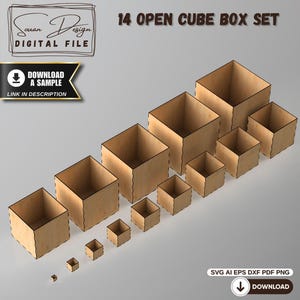 Boîtes Carrées & Cubes Ouverts - Fichiers Découpe Laser SVG DXF - Organisateur de Rangement, Prêt pour CNC, Téléchargement Numérique