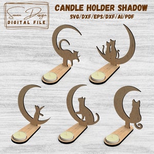 Ensemble de Porte Bougie Chat sur une lune Ombre - Fichier numérique pour découpe laser - DXF, SVG, Fichiers de découpe pour chats