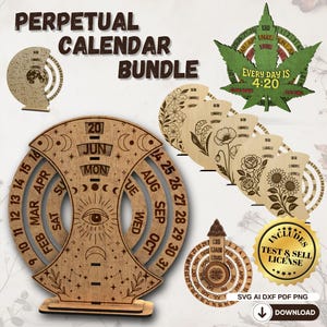 Peut inclure: Un ensemble de calendriers perpétuels en bois avec divers motifs. Le calendrier principal présente un design circulaire avec les mois et les dates. Des motifs supplémentaires incluent des calendriers en forme de fleurs et de feuilles de cannabis. Le texte "EVERY DAY IS 4:20" est visible.