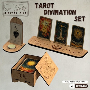 Set Tarot Divinatoire SVG – Support 3 Cartes, Présentoir de Tirage du Jour, Boîte de Rangement – Fichiers Découpe Laser Spirituels