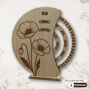Calendrier Perpétuel Coquelicot SVG – Garde-date Floral Rotatif Bois 3 mm, Fichier Découpe Laser Numérique - DXF, AI