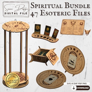 May include: A selection of laser-cut wooden spiritual items, including a stand, card holders, a box, and a decorative plate. The items feature celestial and esoteric designs, with the text "Spiritual Bundle" and "47 Esoteric Files".
