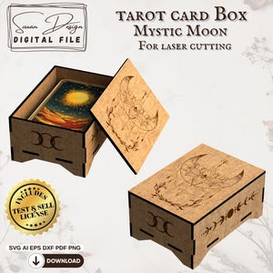 Boîte à Tarot SVG Lune Mystique – Coffret Rangement Cartes Tarot Découpe Laser Bois, Cadeau Spirituel - Dxf AI Png