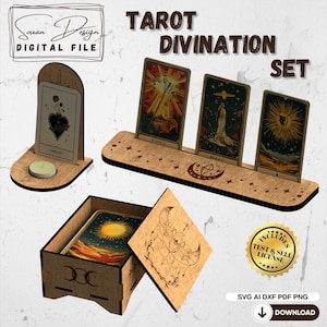 May include: A wooden tarot divination set, including a card holder with a candle, a card display stand, and a box with a lid. The set features tarot cards and celestial designs. The text "TAROT DIVINATION SET" is visible. The set is designed for divination.