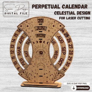 Calendrier Perpétuel SVG - Design Céleste - Calendrier Rotatif Vertical Fichier Laser Cut - Calendrier en Bois SVG, Template pour 3mm, DXF