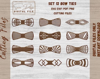 May include: Set of 12 digital bow tie designs in SVG, DXF, PDF, and PNG formats. The bow ties feature various patterns, including stripes, polka dots, and geometric shapes.