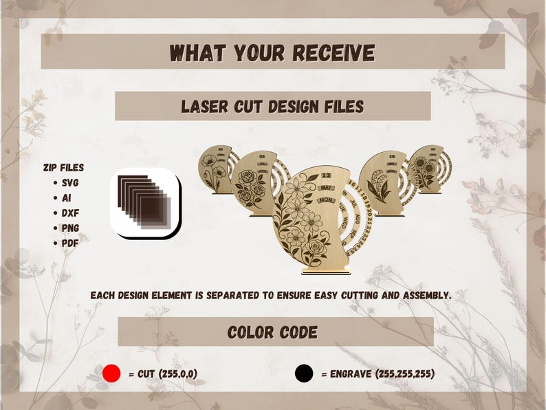Perpetual Calendar Laser Cut Set – Floral Rotating Calendar SVG Bundle ...