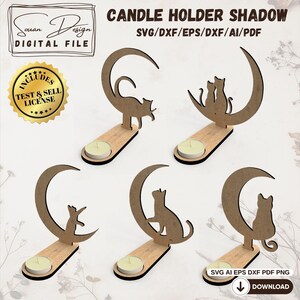 Cat Shadow Candle Holder SVG - Laser Cut File - Cat on Moon Tealight Holder - Wall Shadow Decor - Cat Lover Gift