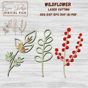 Fleurs sauvages SVG - Fichier pour Découpe Laser, Fleurs en bois, plante SVG Dessin Vectoriel, Silhouette, Glowforge, Fichiers DXF