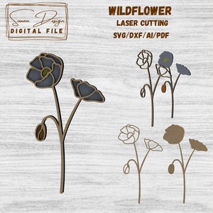 Fleur sauvage SVG - Fichier pour Découpe Laser, Fleurs en bois, plante SVG Dessin Vectoriel, Silhouette, Glowforge, Fichiers DXF