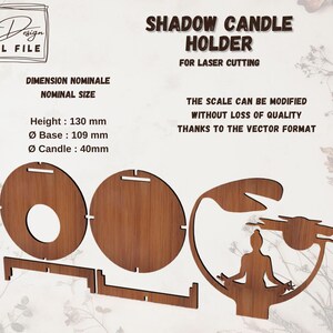 Plan technique du porte-bougie ombre méditation pour découpe laser. Dimensions : hauteur 130 mm, base Ø109 mm, bougie Ø40 mm. Modèle vectoriel modifiable sans perte de qualité, formats numériques inclus.