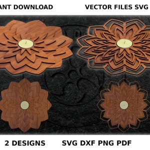 レーザー切断と彫刻用の 2 つのマンダラ型キャンドル ホルダー デザイン、SVG および DXF 形式のベクター描画のキャンドル ホルダー