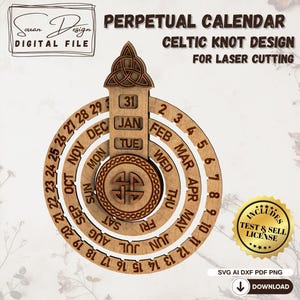 Puede incluir: Un calendario perpetuo de madera con un diseño de nudo celta, ideal para corte por láser. El calendario muestra el día, el mes y la fecha, con un diseño circular que presenta los días de la semana y los meses. Incluye el texto "PERPETUAL CALENDAR CELTIC KNOT DESIGN FOR LASER CUTTING".