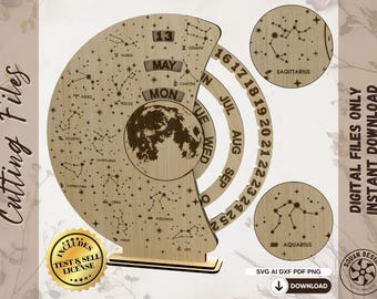Ewiger Tierkreiskalender SVG – Drehbarer Laserkalender mit 12 Sternbildern, astrologische Holzdekoration – DXF AI PNG