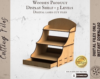 Laser Cut Display Shelf SVG | 3-Tier Wooden Rack Template | 3mm & 6mm Wood Thickness | Glowforge xTool Compatible | Digital Files