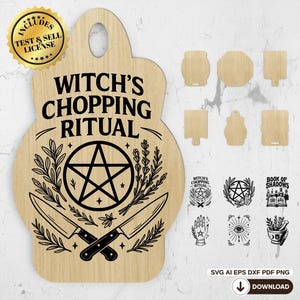 May include: A wooden cutting board with the text "Witch's Chopping Ritual" and a pentagram design. Includes additional wooden shapes and graphic illustrations. Digital files available for download.
