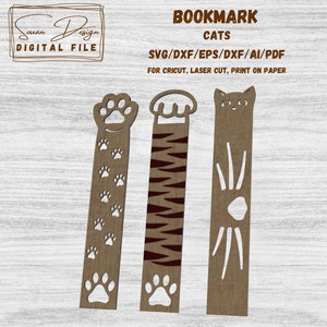 Marque-pages chats SVG, signet pour livre, Cricut, Imprimable, Découpe Laser, Fichiers DXF pour laser, Signets à imprimer.