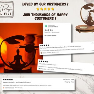 Porte-bougie en bois design méditation, apprécié par les clients Etsy. Présentation avec avis 5 étoiles et photos de la lanterne projetant une ombre relaxante. Fichier numérique pour découpe laser inclus