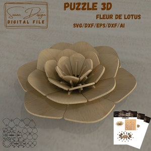 3D puzzle Fleur de lotus fichier de découpe laser - Fleur en bois - SVG dessin vectoriel - Fichiers DXF pour laser, silhouette, Lotus svg