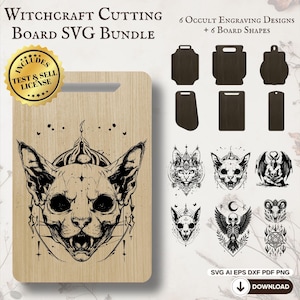Op de afbeelding: Een houten snijplank met een katten schedel ontwerp, onderdeel van een Witchcraft SVG bundel. De afbeelding bevat zes occulte graveerontwerpen en zes plankvormen. De tekst bevat "Cutting Files" en "Digital Files Only Instant Download".