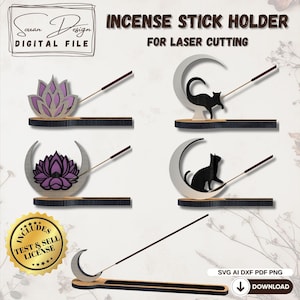 5 Incense Holder SVG Cat Lotus Moon – Laser Cut Wood Incense Stick Holder, Zen Meditation Decor Gift - Dxf AI Png