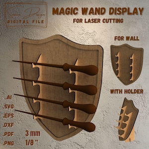 Support à baguettes magiques pour découpe laser - Fichier numérique (SVG, DXF, AI) - Design de bouclier fantastique - Présentoir de baguette