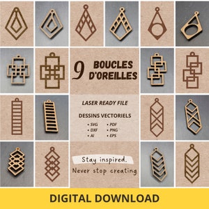 9 modèles de boucles d'oreilles géométriques pour découpe laser ou autres. Dessins vectoriels - fichiers numériques
