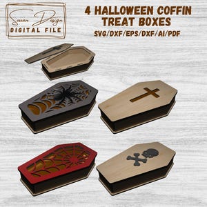 4 Modèles de cercueil halloween pour friandises pour découpe laser SVG, DXF | fichier vectoriel