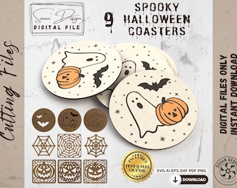 Halloween SVG Coaster-bestanden, pakket van 9 – Lasersnijden SVG DXF PDF – Pompoenen, spoken en spinnenwebben, tafeldecoratie