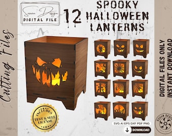 12 Halloween Lantern SVG – Laser Cutting, Cricut, Plasma Files – Pumpkin, Spider Web, Bat Halloween Decor – Instant Download