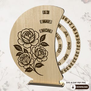Calendrier Perpétuel Roses SVG – Garde-date Floral Rotatif à Découper au Laser, Bois 3 mm, Déco Maison Élégante - DXF, AI