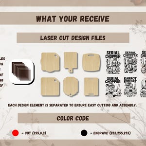 May include: An image showcasing laser cut design files, including SVG, AI, DXF, PNG, and PDF formats. The design files feature various wooden cutting board shapes and cartoon character illustrations. The text includes "WHAT YOUR RECEIVE", "LASER CUT DESIGN FILES", and "COLOR CODE".