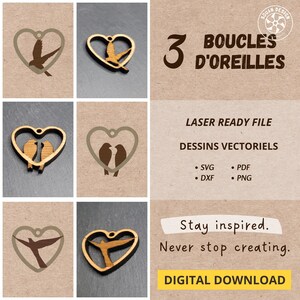 3 modèles de boucles d'oreilles cœur pour découpe laser ou autres. Dessins vectoriels - fichiers numériques