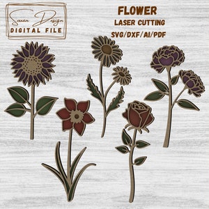 5 Fleurs SVG - Fichier pour Découpe Laser, Fleurs en bois, plante SVG Dessin Vectoriel, Silhouette, Glowforge, Fichiers DXF