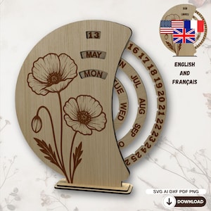 Calendrier Perpétuel Coquelicot SVG – Garde-date Floral Rotatif Bois 3 mm, Fichier Découpe Laser Numérique - DXF, AI