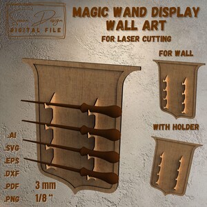Elegante espositore per bacchette magiche - Scudo da parete in legno per taglio laser - File digitale SVG, AI, DXF