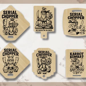 Planches à découper gravées avec des illustrations humoristiques de légumes tueurs et personnages de cuisine parodiques. Textes "Serial Chopper" et "Karrot Kombat" avec designs de carotte ninja, chef masqué, légumes effrayés. 6 formes de planches différentes.
