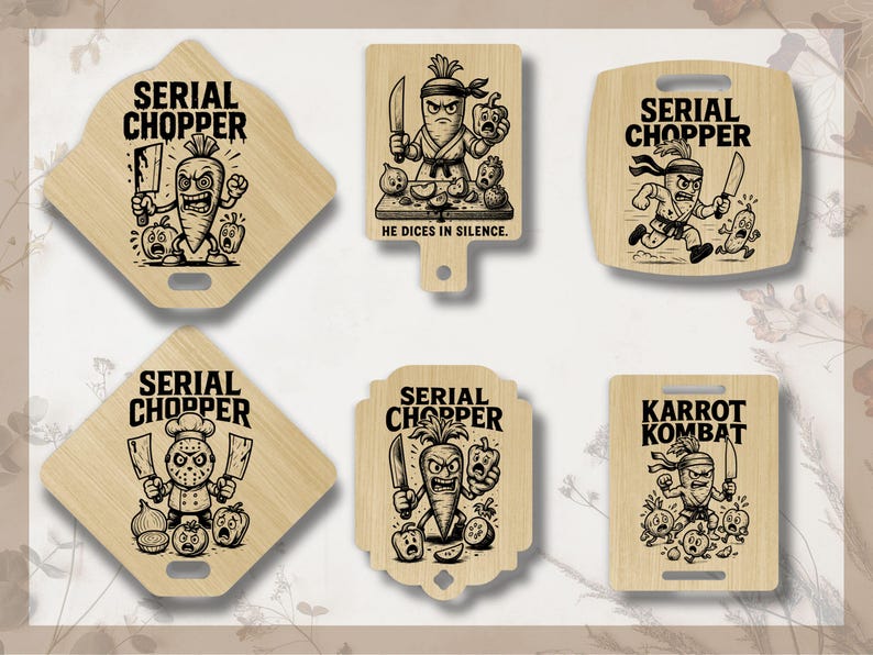 Planches à découper gravées avec des illustrations humoristiques de légumes tueurs et personnages de cuisine parodiques. Textes "Serial Chopper" et "Karrot Kombat" avec designs de carotte ninja, chef masqué, légumes effrayés. 6 formes de planches différentes.