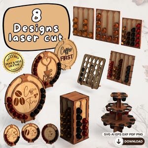Zestaw plików SVG z uchwytem na kapsułki do kawy – 8 wycinanych laserowo wzorów – Organizer na kapsułki – Wystrój kącika kawowego