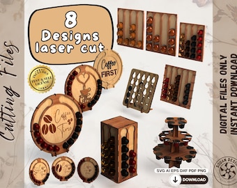 Coffee Pod Holder SVG Bundle – 8 Laser Cut Coffee Organizer Files – Capsule Display Stand – Coffee Bar Station Decor – Digital Download