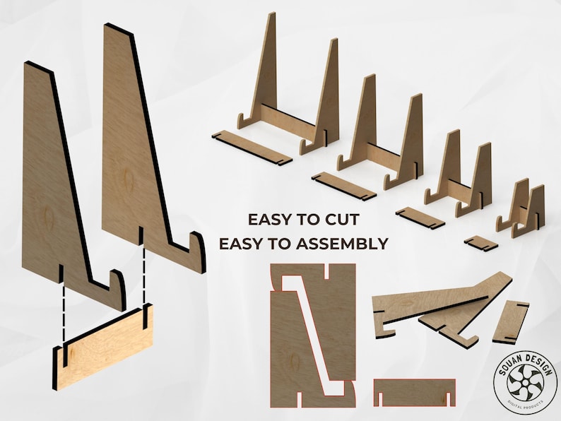 Démonstration du montage des présentoirs en bois. Les pièces découpées s’assemblent facilement par emboîtement. Plusieurs tailles de supports alignés, allant du petit modèle au grand modèle.