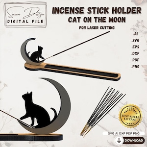 SVG 月と猫のお香立て - 簡単レーザーカットファイル - 月と神秘的な猫のお香立て - DXF、AI