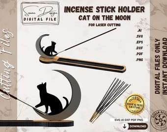 Cat on the Moon Incense Holder SVG - Laser Cut File for Spiritual and Witchy Decor - Wooden Incense Burner for Sticks - easy cut files
