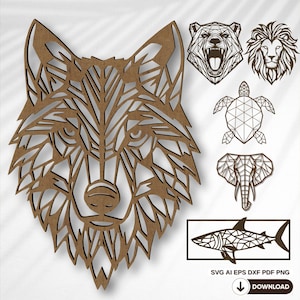 Fichier SVG Muraux Animaux Géométriques – Lot Loup, Lion, Ours, Éléphant, Tortue, Requin – Art mural à découper au laser