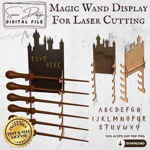 Zauberstabschloss-Displayständer (SVG) – 6 Zauberstabhalter mit anpassbarem Text, Fantasy-Zauberer-Dekoration – DXF, AI, PNG