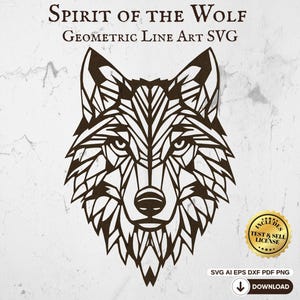 SVG de cabeza de lobo geométrica | Archivo de corte láser Espíritu del Lobo | Arte mural animal para CNC, Glowforge y Cricut