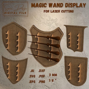 Set de 5 Présentoirs pour Baguettes Magiques - Fichiers Boucliers en Bois pour Découpe Laser - Décoration Murale - SVG, AI, DXF